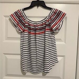 THML White & Navy Striped Off-Shoulder Top with Red Embroidery